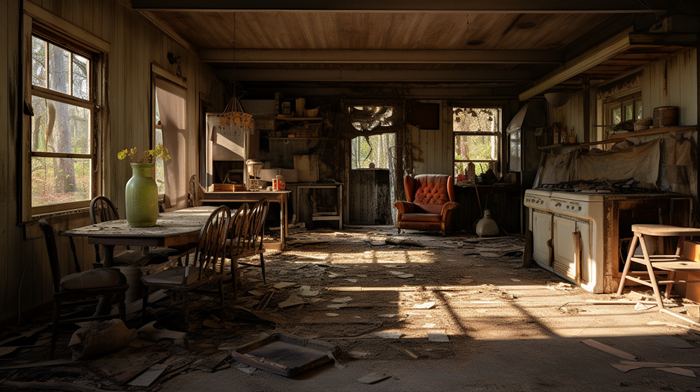 A worn down interior of a home