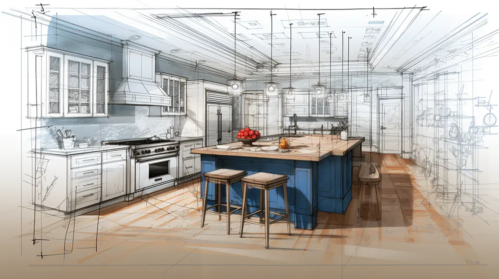 A blueprint of a kitchen remodel