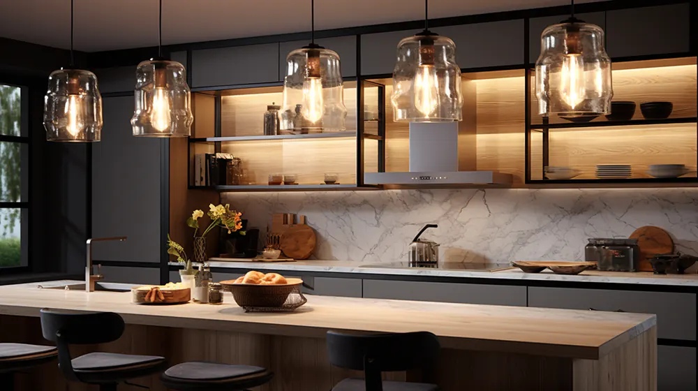 A perfectly lit kitchen with light fixtures