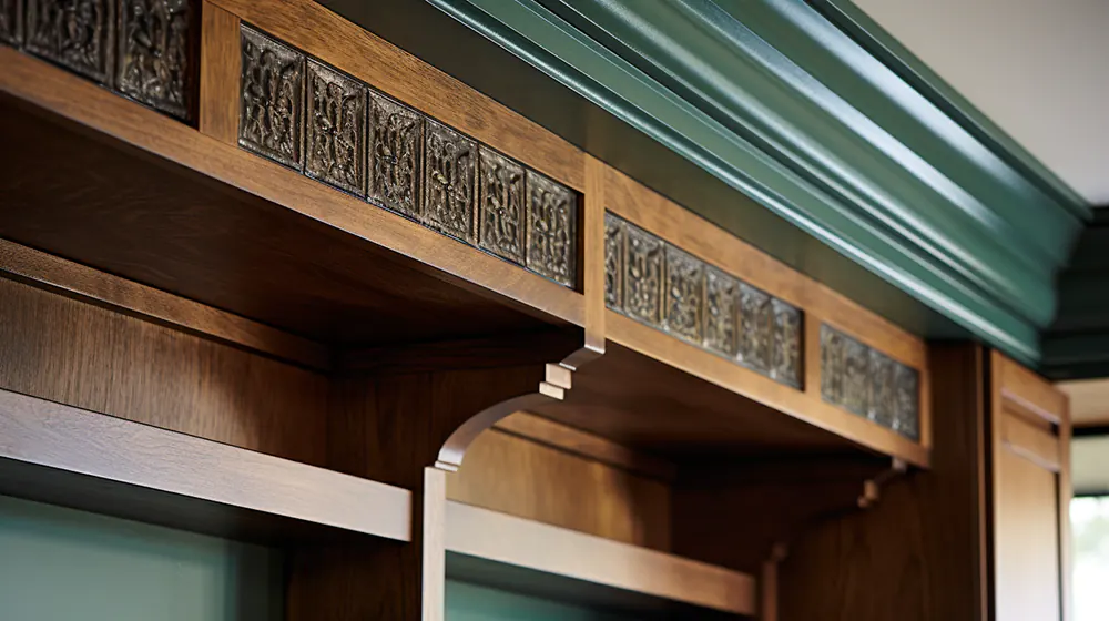 wood and green kitchen soffits