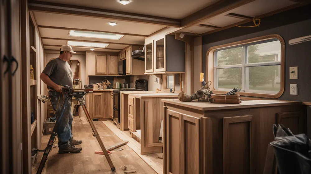 A professional working on a kitchen remodel in a mobile home