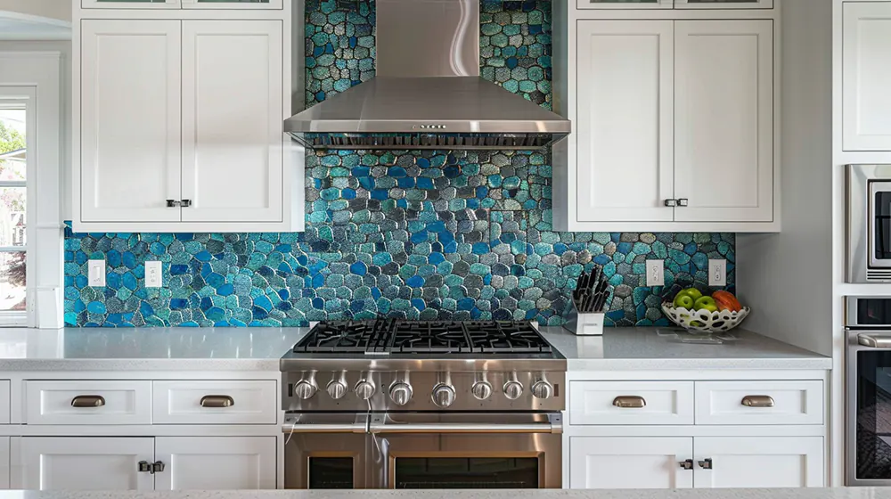 a blue and green colored backsplash with white cabinets