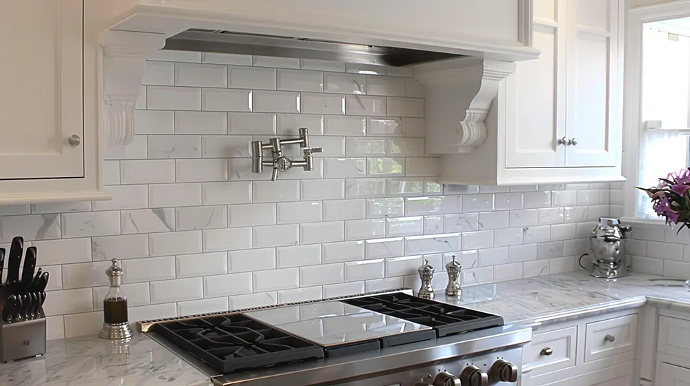 marble tiles with white cabinets