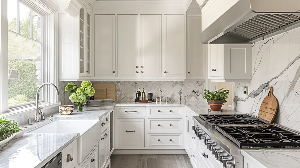 marble mosaic tiles with white cabinets