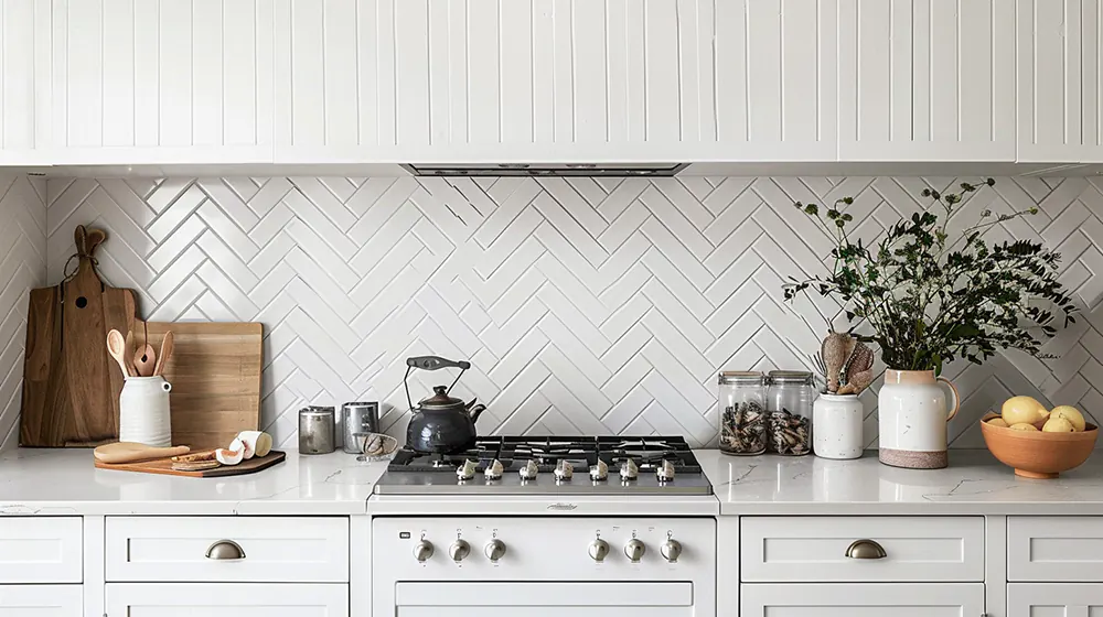 herringbone patterned tile backsplash with white cabinets
