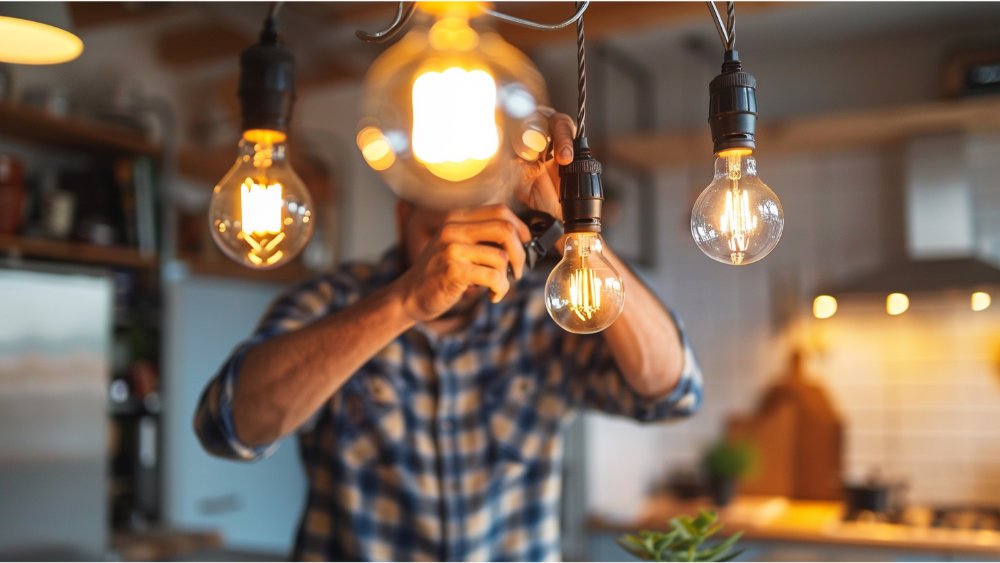 A man installing smart light bulbs in the kitchen
