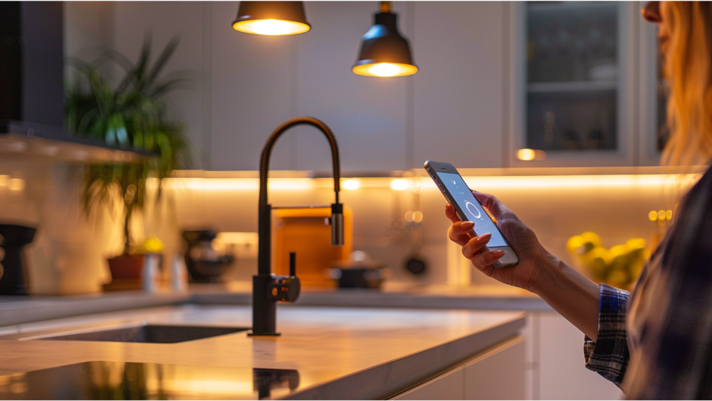 A lady learning how to use her smart kitchen devices
