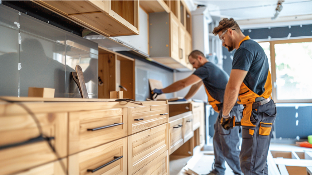 Two men installing cabinetry