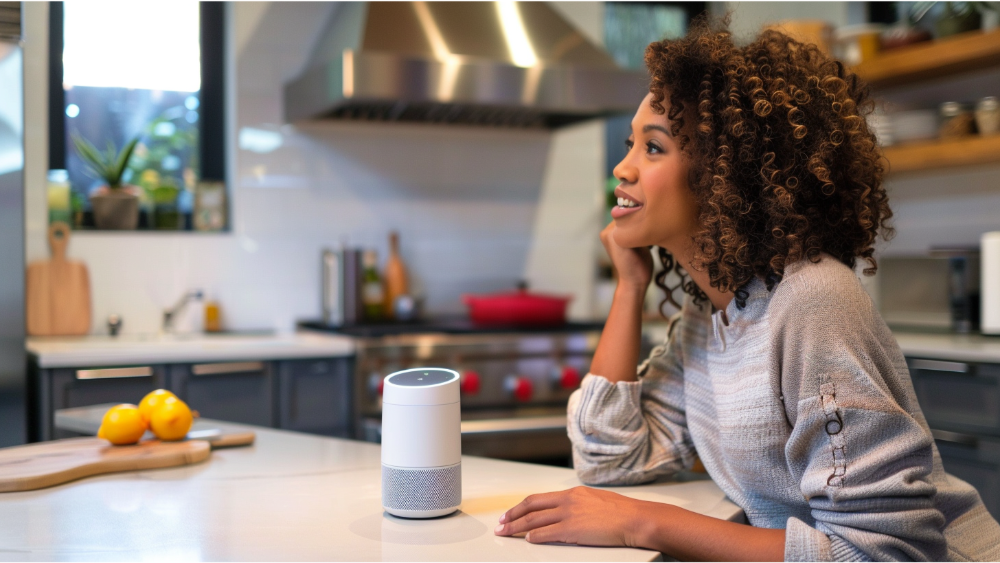 A lady talking to a smart home device in the kitchen