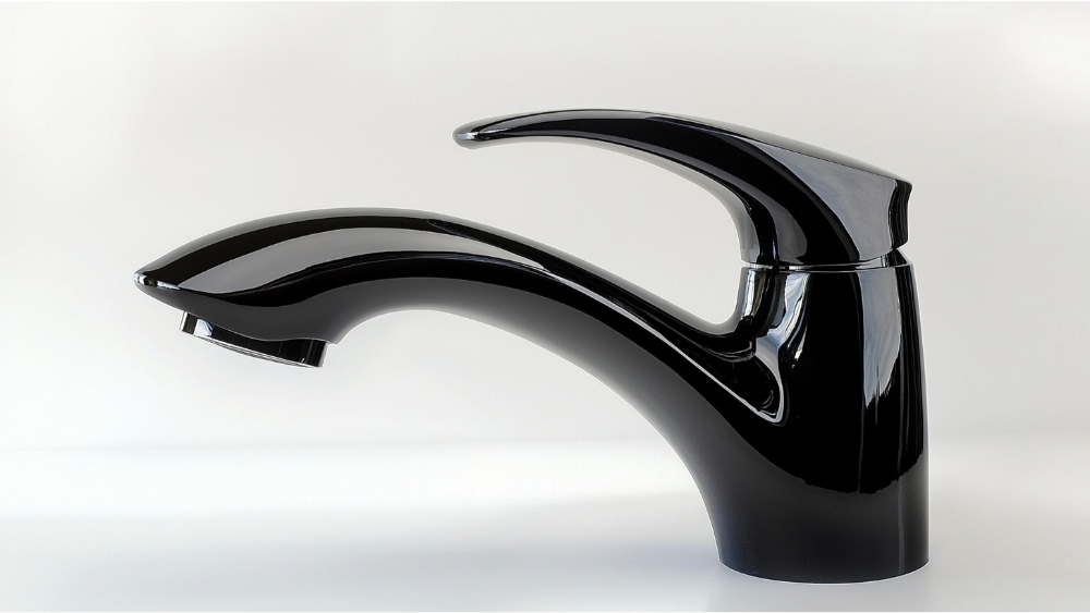 A close up of a modern black kitchen faucet