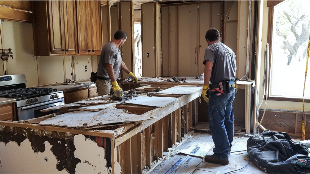 Two men removing the old kitchen countertop during a kitchen remodel