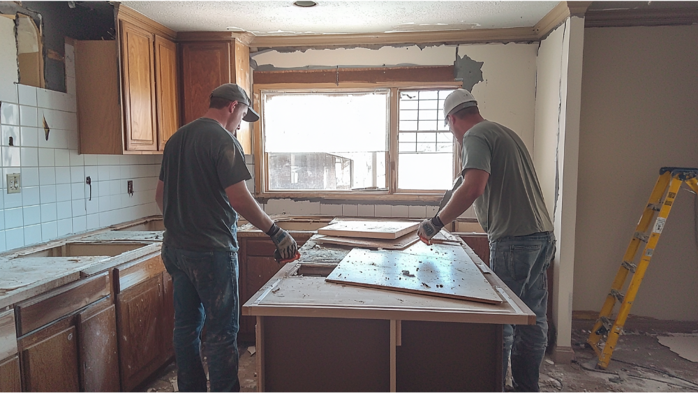 Two men removing the old kitchen countertop for a kitchen remodel