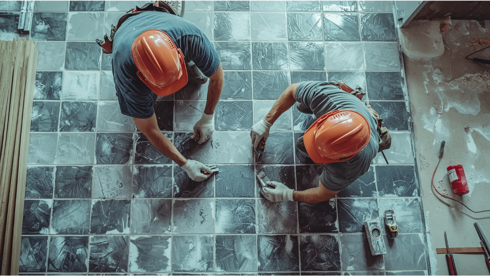 Two construction workers in hard hats installing black and gray floor tiles.