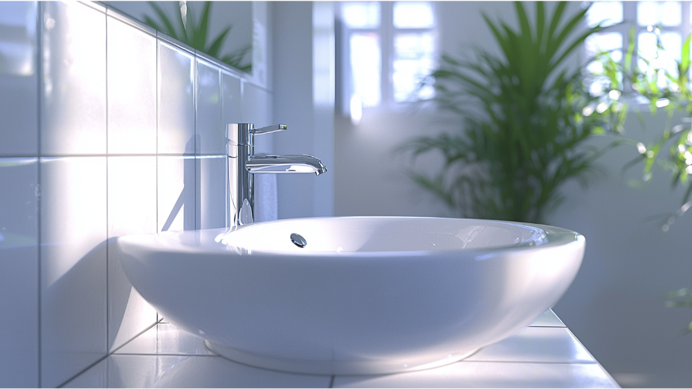 Modern white bathroom sink with sunlight reflecting off tiled walls.