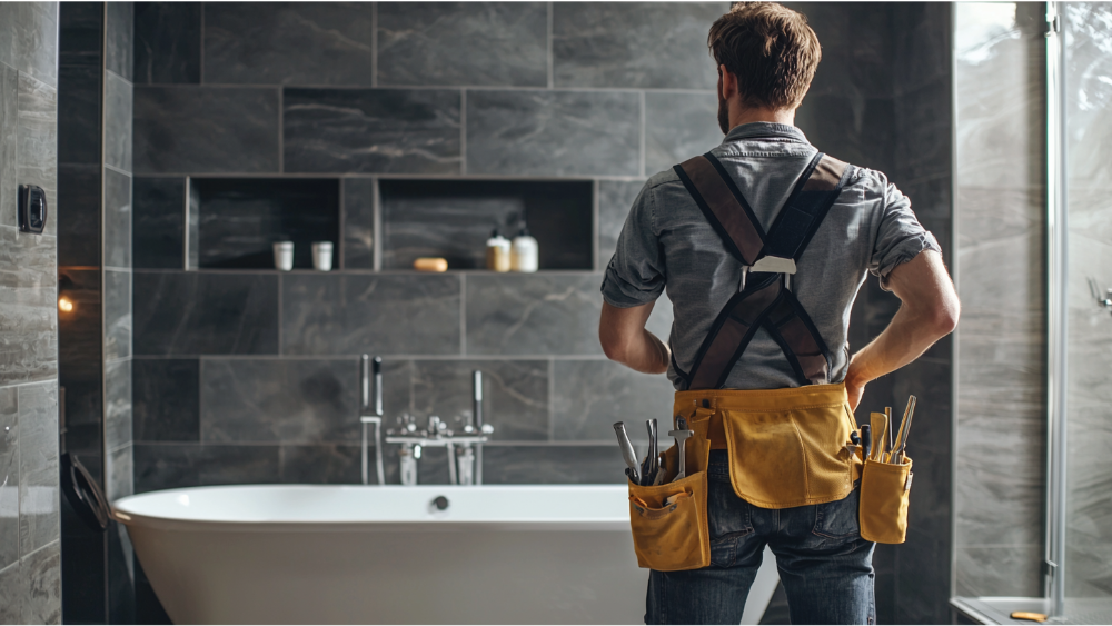 Plumber standing in front of a bathtub, wearing a tool belt and inspecting the bathroom.